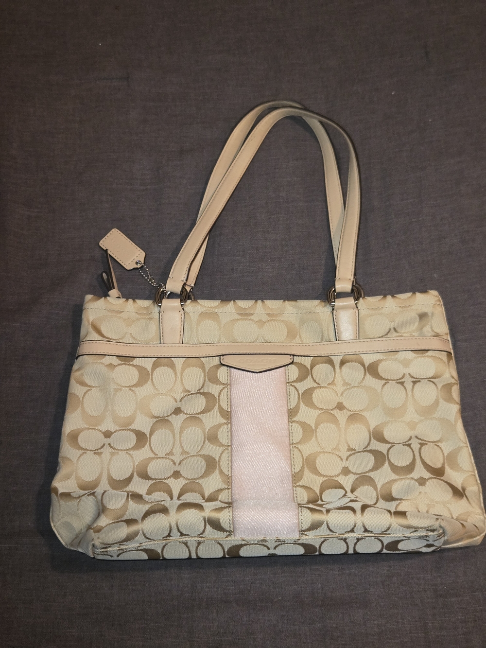 Coach Signature Stripe Tote Bag Khaki Ivory Canvas Leather Trim Shoulder Purse